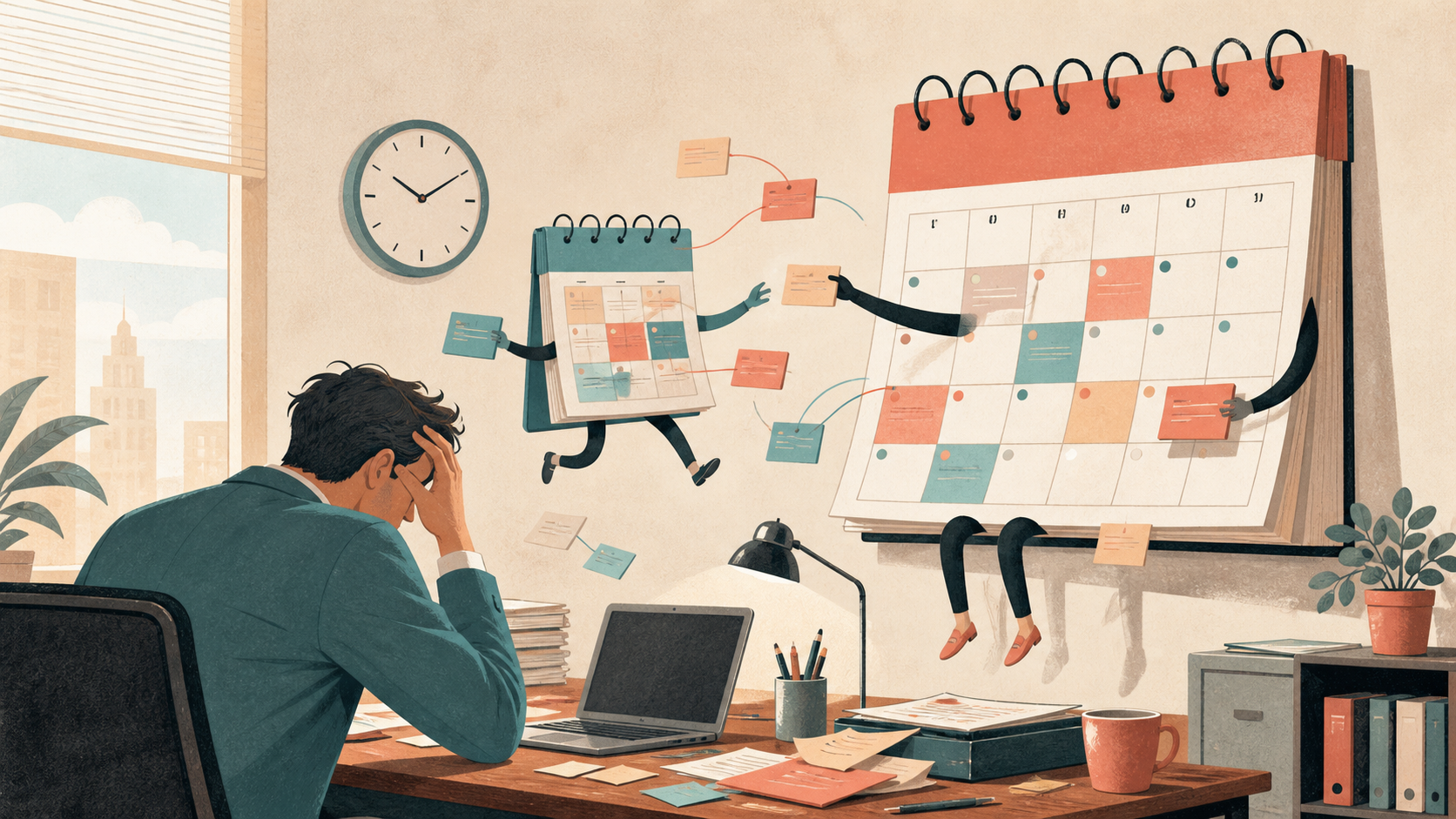 An overwhelmed office worker as two animated calendars exchange meeting invitations