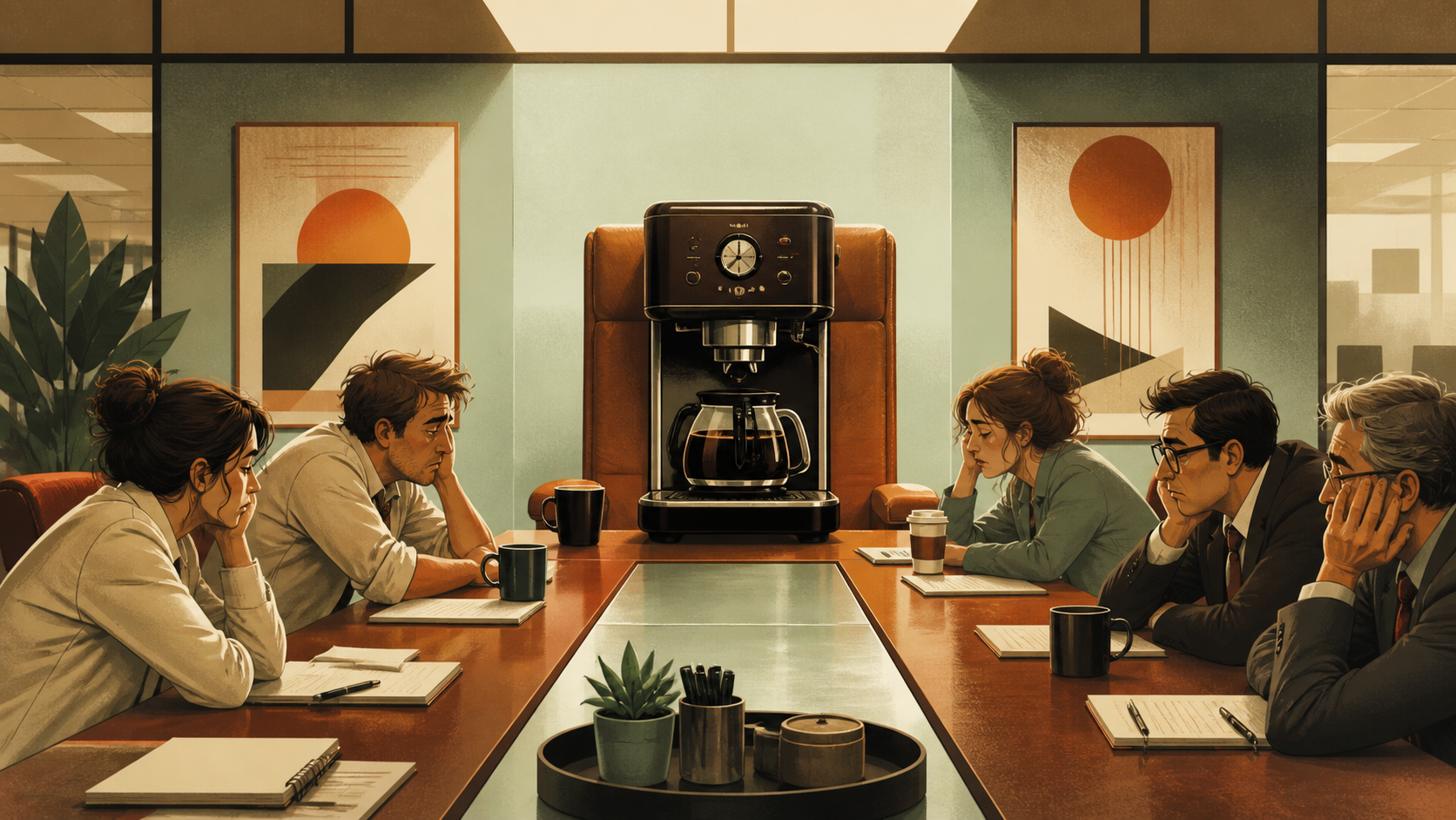 A coffee machine presiding over a conference table of tired office workers