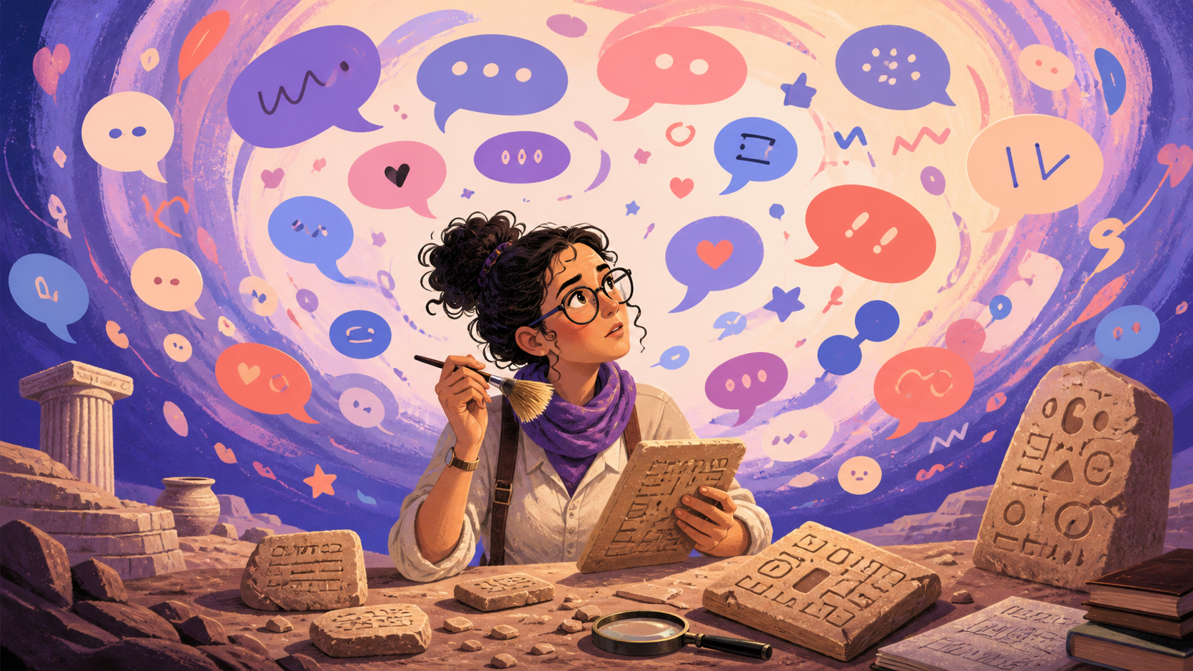 An archaeologist studying a swirl of mysterious chat bubbles and reaction symbols
