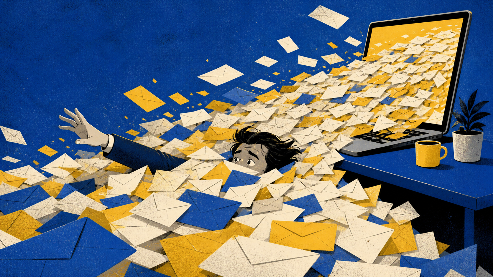A worker overwhelmed by an avalanche of envelopes pouring from a laptop