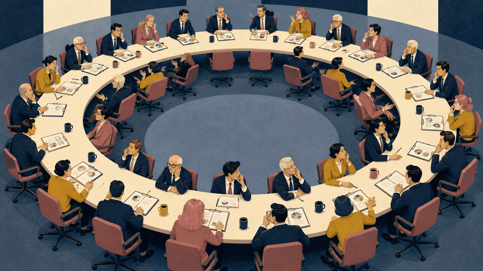 Office workers seated around an enormous circular conference table