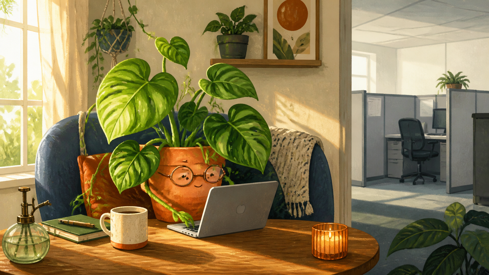 A cheerful potted office plant working from a cozy home desk
