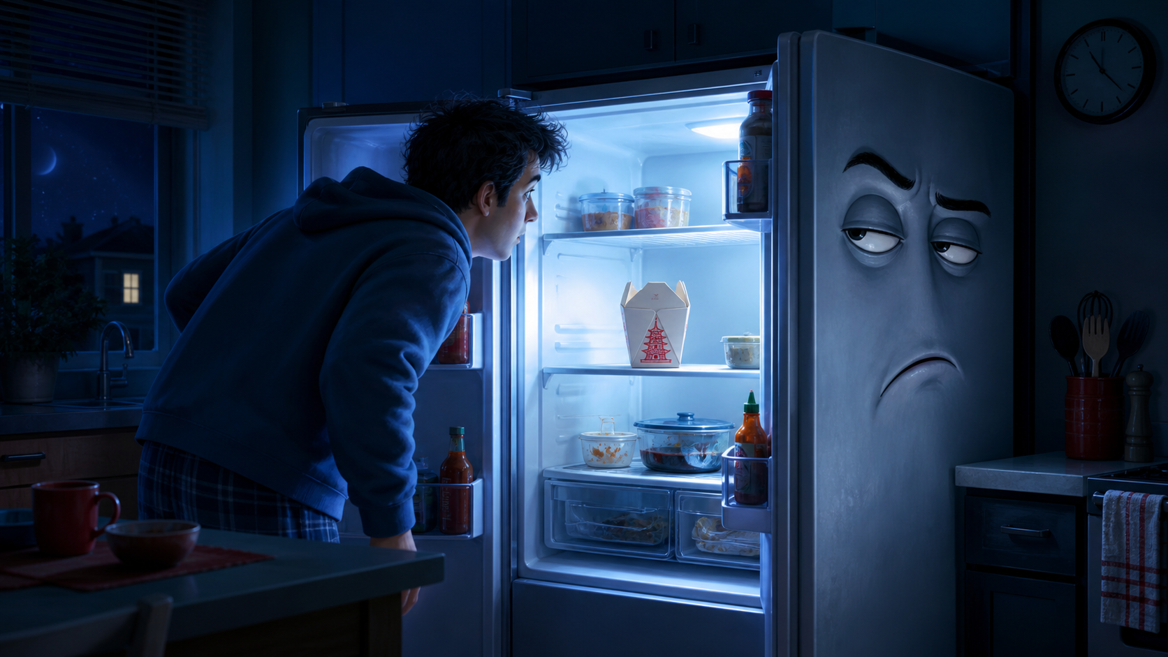 A person confronting a judgmental smart refrigerator late at night